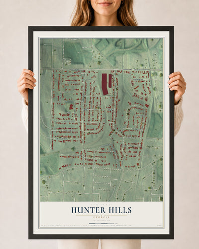 Hunter Hills, Georgia map print, 24" x 36" W/ Black Ayous Wood Frame mockup