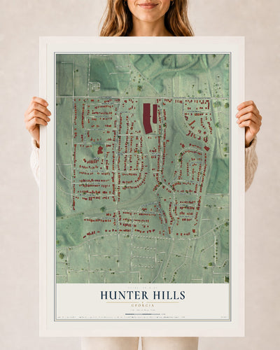 Hunter Hills, Georgia map print, 24" x 36" W/ White Ayous Wood Frame mockup