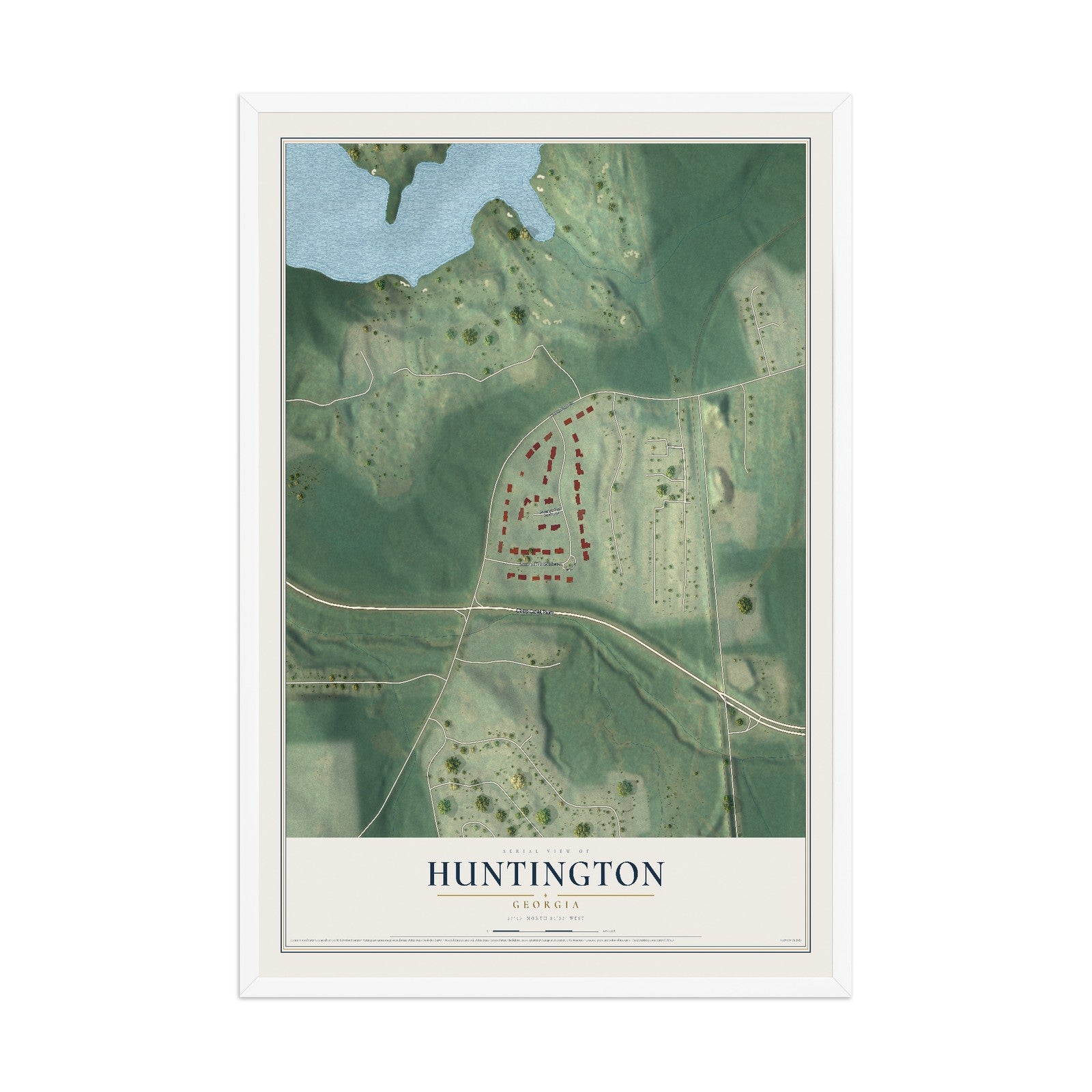 Huntington, Georgia map print, 12" x 18" W/ White Ayous Wood Frame mockup