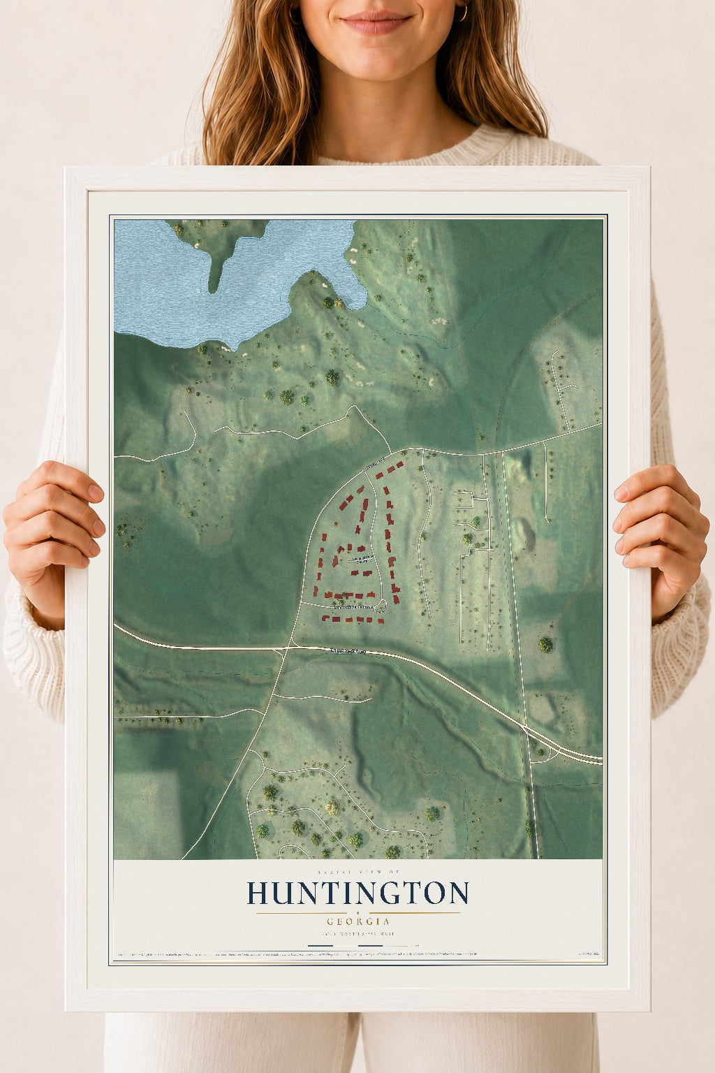 Huntington, Georgia map print, 18" x 24" W/ White Ayous Wood Frame mockup