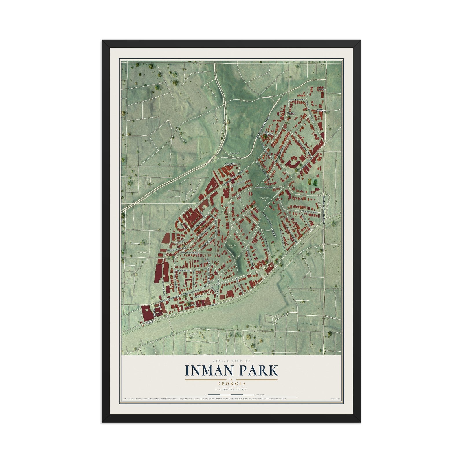 Inman Park, Georgia map print, 12" x 18" W/ Black Ayous Wood Frame mockup