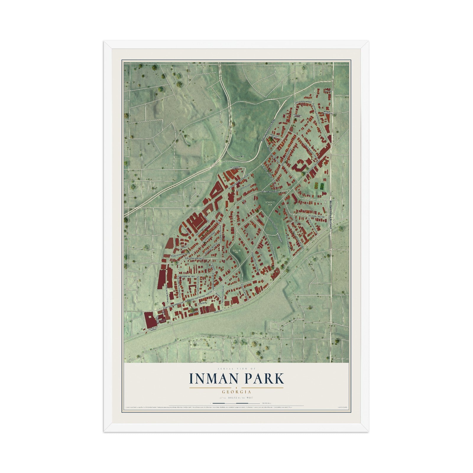 Inman Park, Georgia map print, 12" x 18" W/ White Ayous Wood Frame mockup