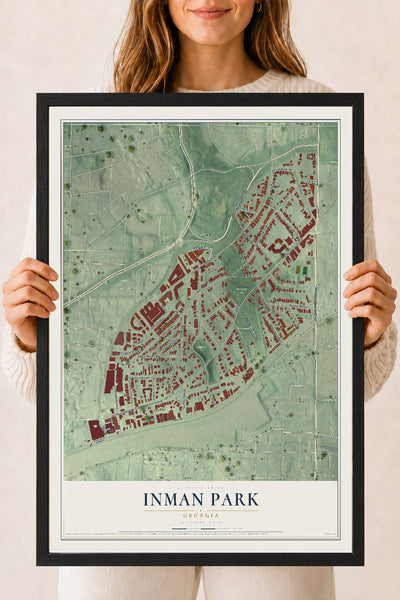 Inman Park, Georgia map print, 18" x 24" W/ Black Ayous Wood Frame mockup