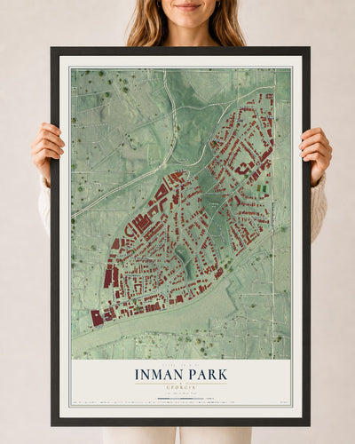 Inman Park, Georgia map print, 24" x 36" W/ Black Ayous Wood Frame mockup