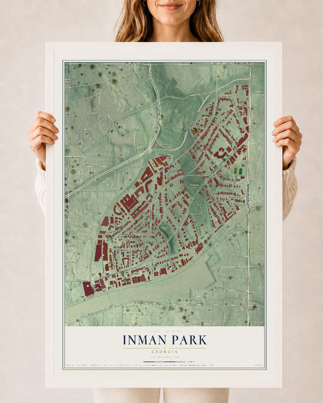 Inman Park, Georgia map print, 24" x 36" W/ White Ayous Wood Frame mockup