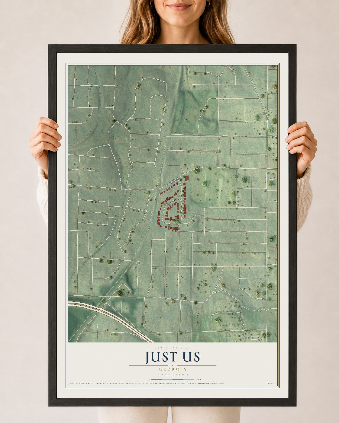 Just Us, Georgia map print, 24" x 36" W/ Black Ayous Wood Frame mockup