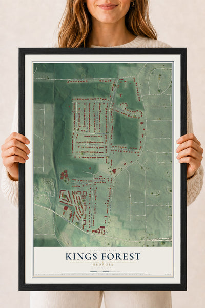 Kings Forest, Georgia map print, 18" x 24" W/ Black Ayous Wood Frame mockup