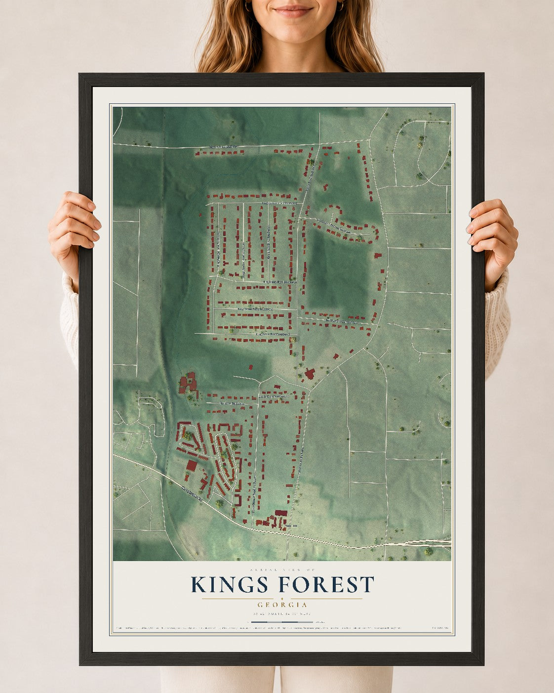 Kings Forest, Georgia map print, 24" x 36" W/ Black Ayous Wood Frame mockup