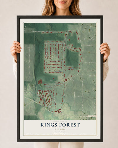 Kings Forest, Georgia map print, 24" x 36" W/ Black Ayous Wood Frame mockup