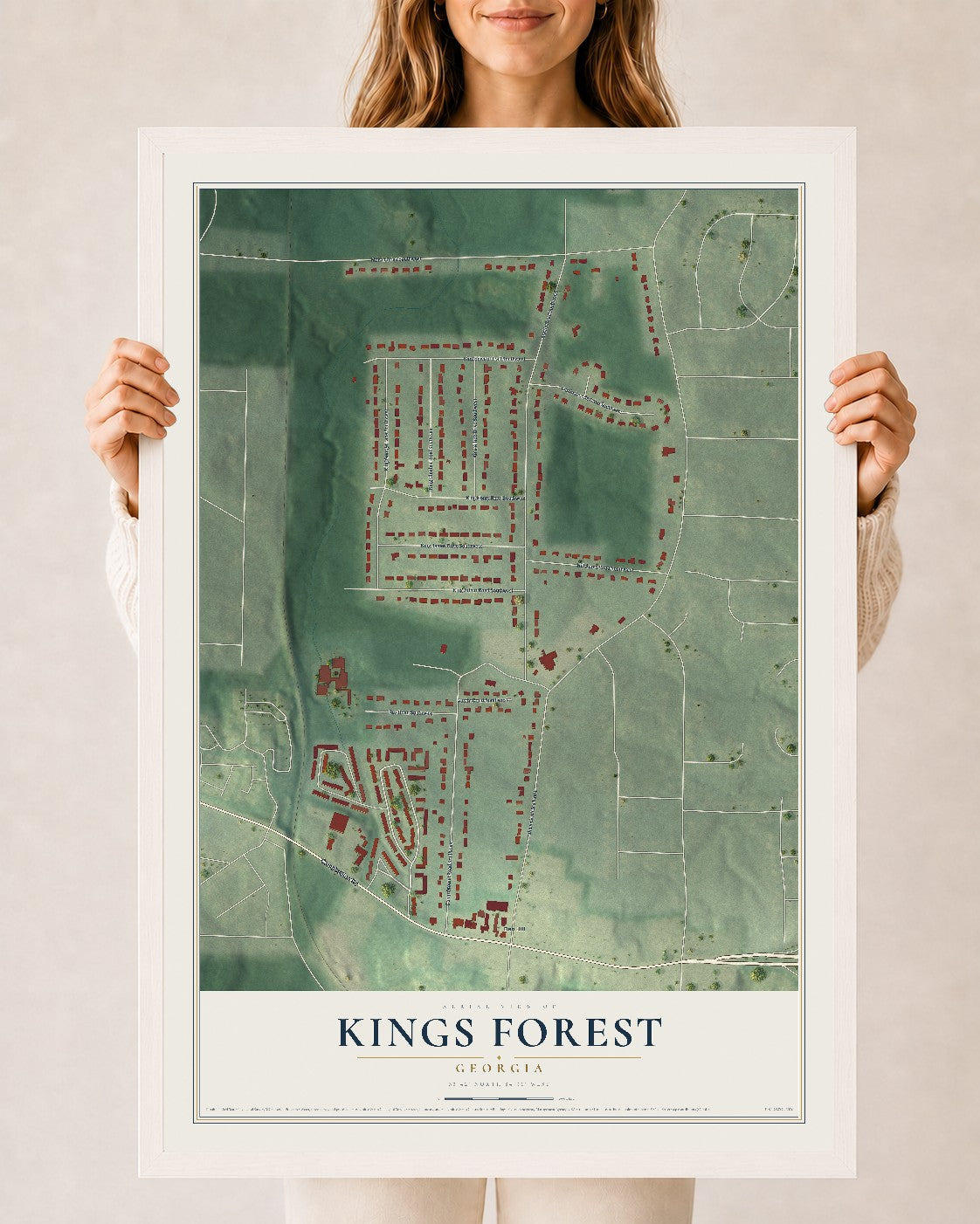 Kings Forest, Georgia map print, 24" x 36" W/ White Ayous Wood Frame mockup