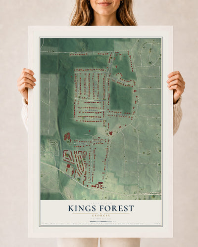 Kings Forest, Georgia map print, 24" x 36" W/ White Ayous Wood Frame mockup
