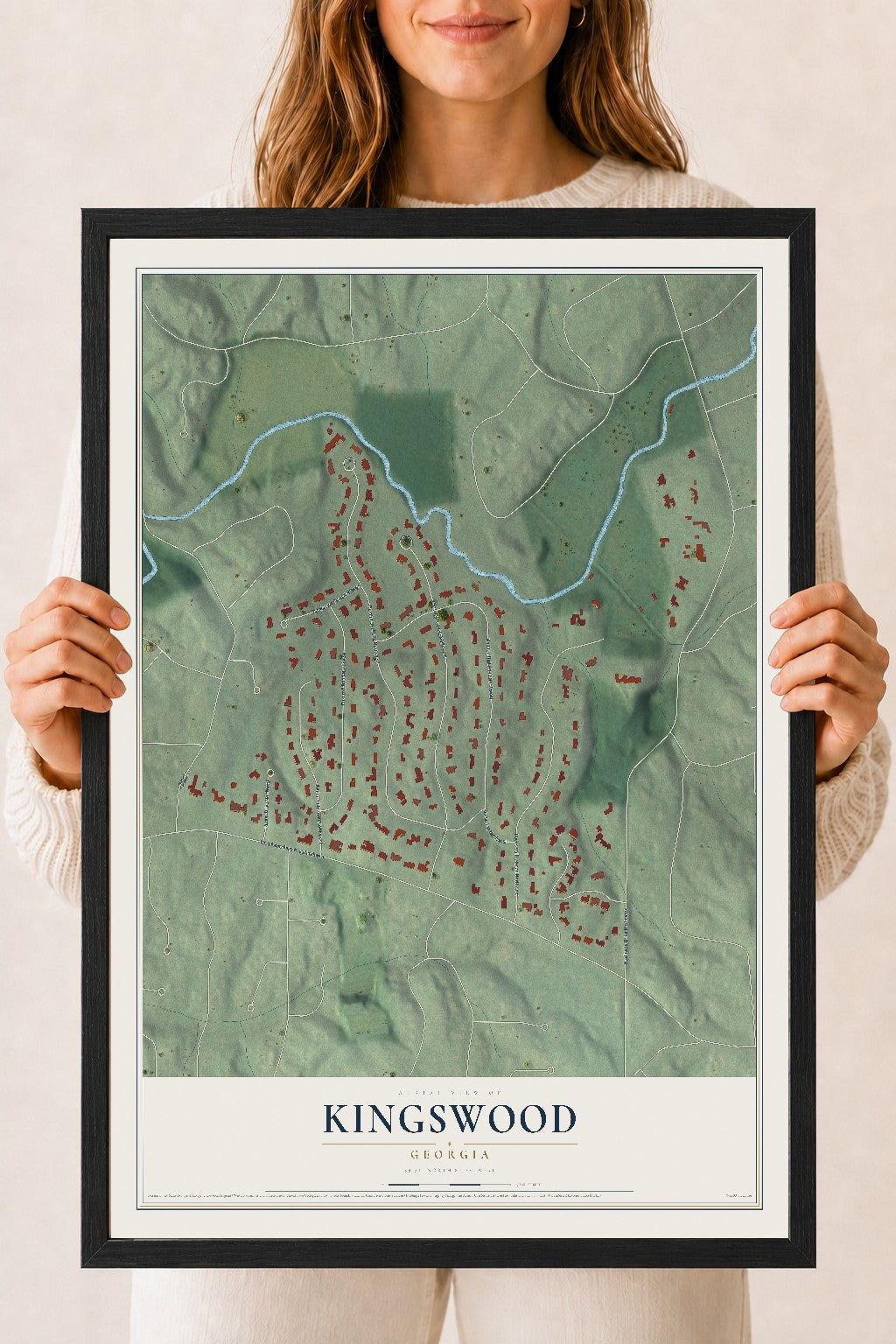 Kingswood, Georgia map print, 18" x 24" W/ Black Ayous Wood Frame mockup