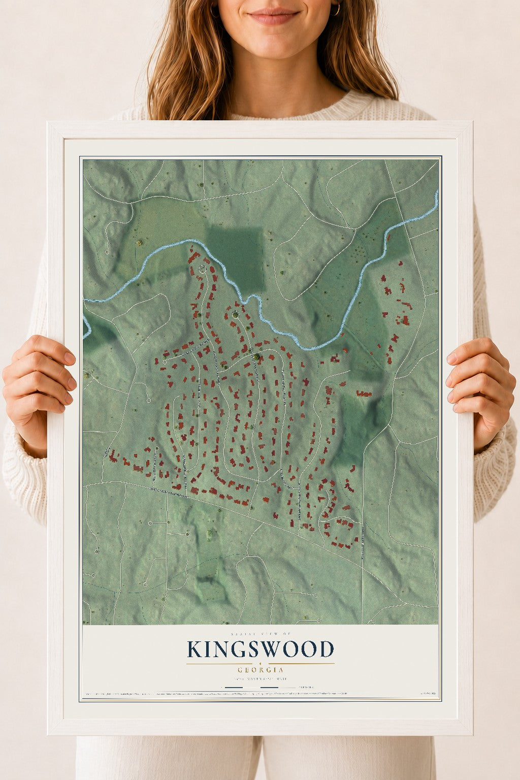 Kingswood, Georgia map print, 18" x 24" W/ White Ayous Wood Frame mockup