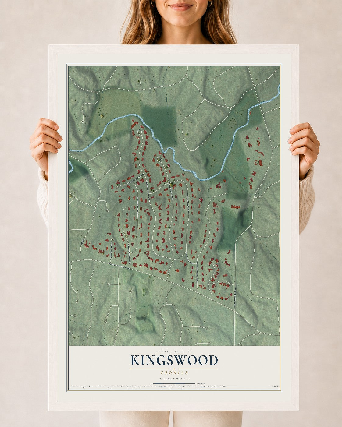 Kingswood, Georgia map print, 24" x 36" W/ White Ayous Wood Frame mockup