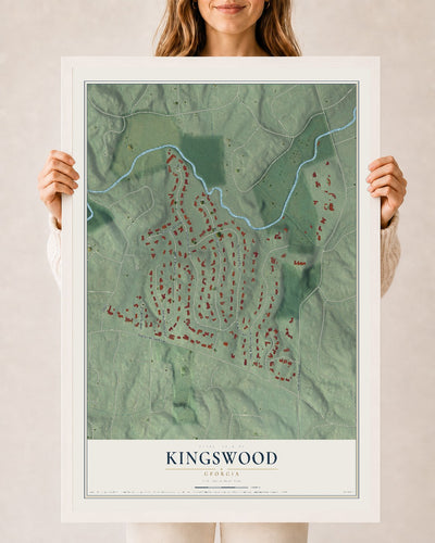 Kingswood, Georgia map print, 24" x 36" W/ White Ayous Wood Frame mockup