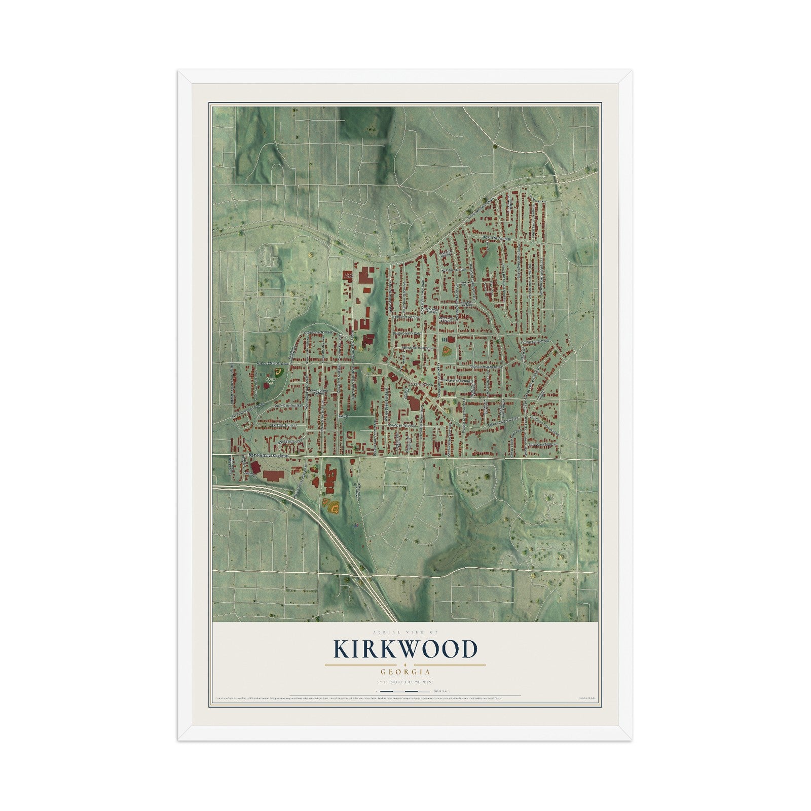 Kirkwood, Georgia map print, 12" x 18" W/ White Ayous Wood Frame mockup