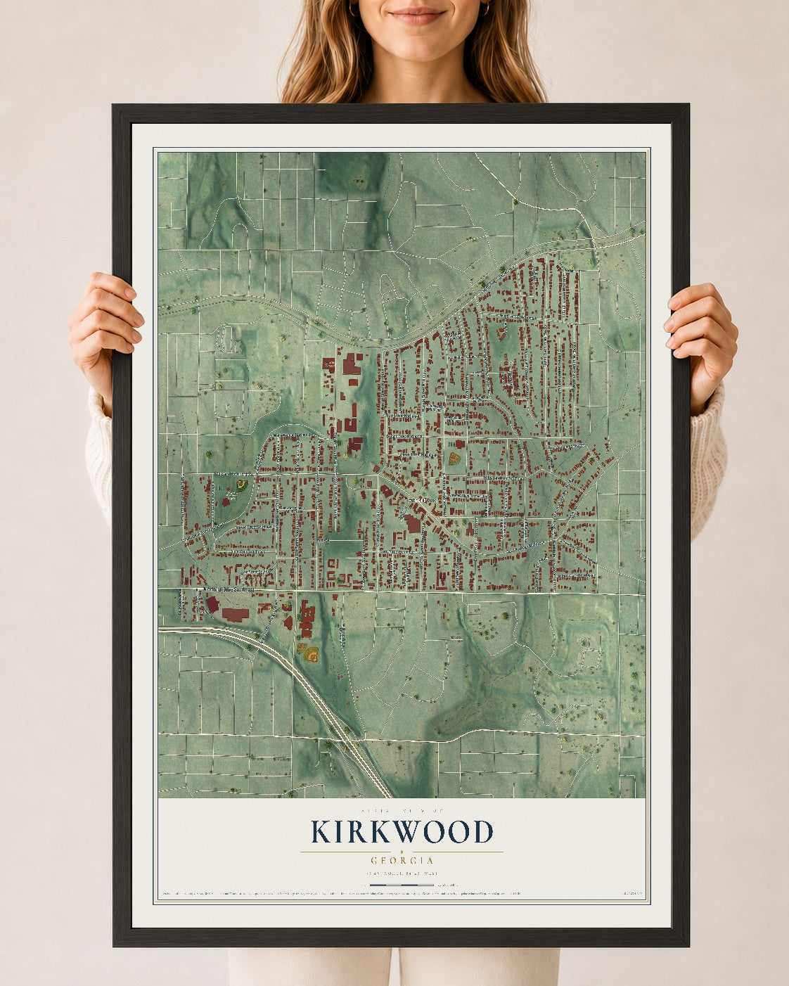Kirkwood, Georgia map print, 24" x 36" W/ Black Ayous Wood Frame mockup
