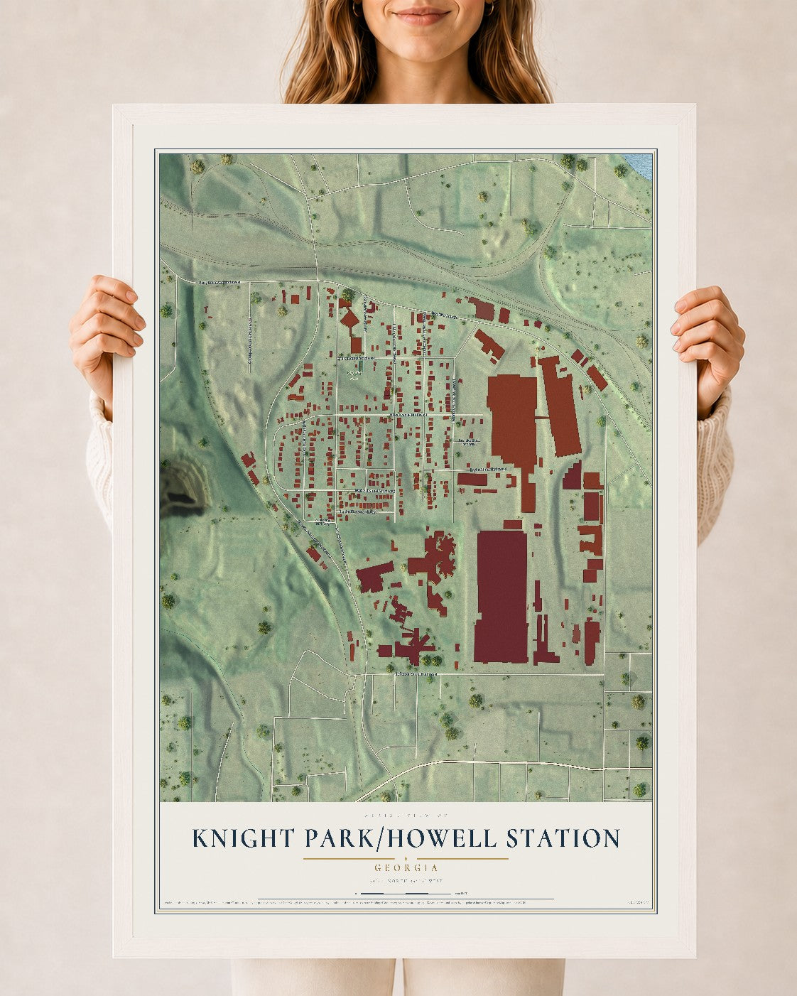 Knight Park-Howell Station, Georgia map print, 24" x 36" W/ White Ayous Wood Frame mockup