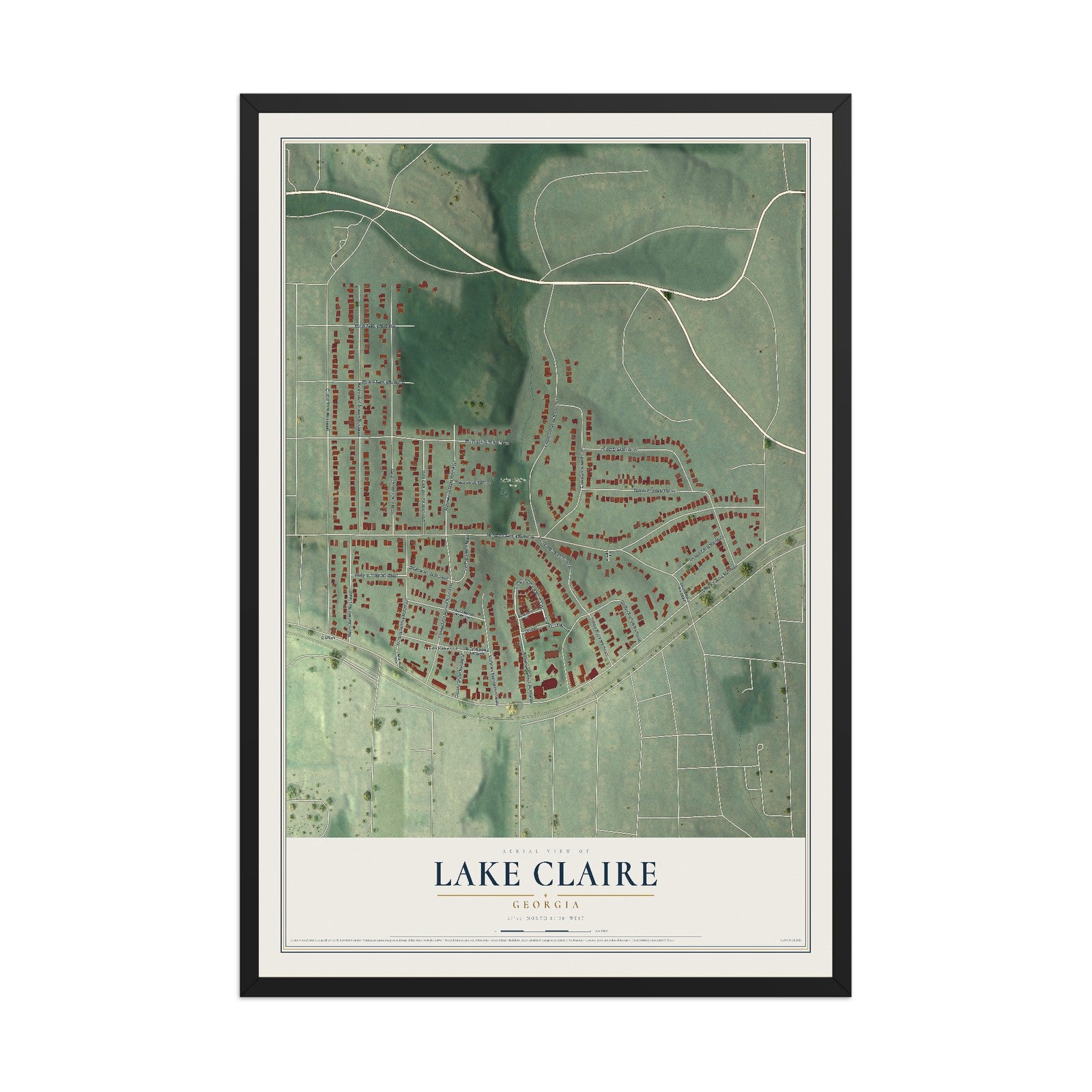 Lake Claire, Georgia map print, 12" x 18" W/ Black Ayous Wood Frame mockup
