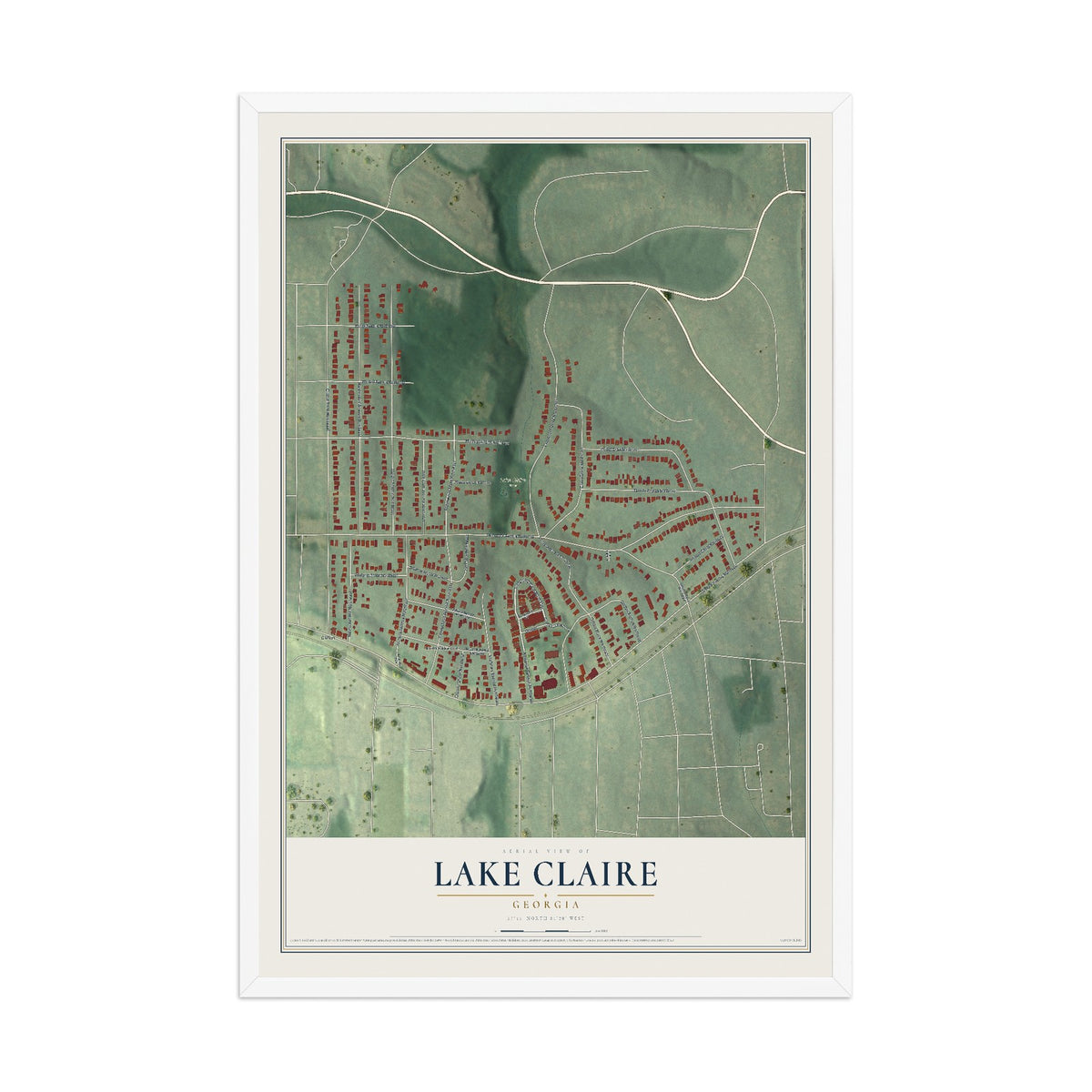 Lake Claire, Georgia map print, 12" x 18" W/ White Ayous Wood Frame mockup