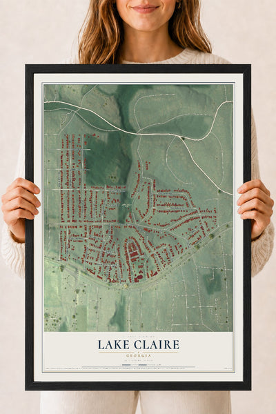 Lake Claire, Georgia map print, 18" x 24" W/ Black Ayous Wood Frame mockup