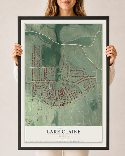 Lake Claire, Georgia map print, 24" x 36" W/ Black Ayous Wood Frame mockup