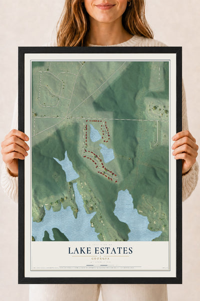 Lake Estates, Georgia map print, 18" x 24" W/ Black Ayous Wood Frame mockup