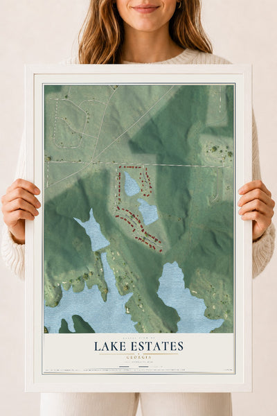 Lake Estates, Georgia map print, 18" x 24" W/ White Ayous Wood Frame mockup