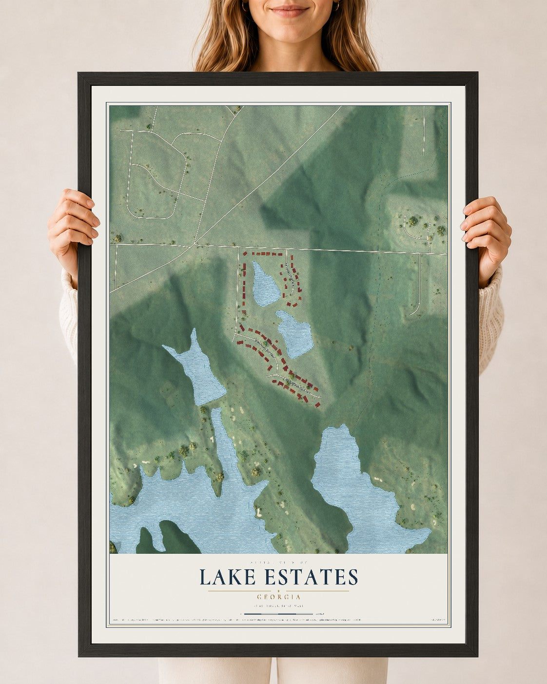 Lake Estates, Georgia map print, 24" x 36" W/ Black Ayous Wood Frame mockup