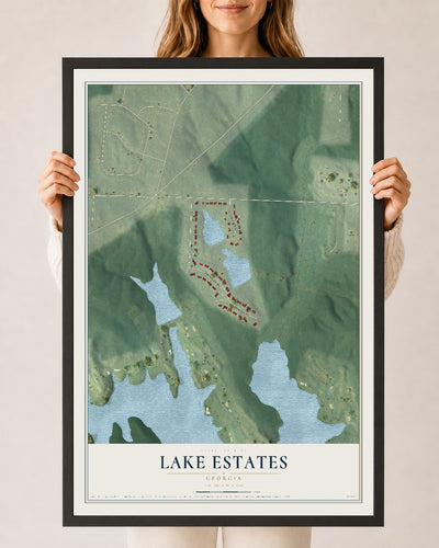Lake Estates, Georgia map print, 24" x 36" W/ Black Ayous Wood Frame mockup