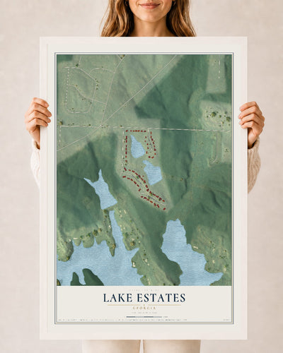 Lake Estates, Georgia map print, 24" x 36" W/ White Ayous Wood Frame mockup