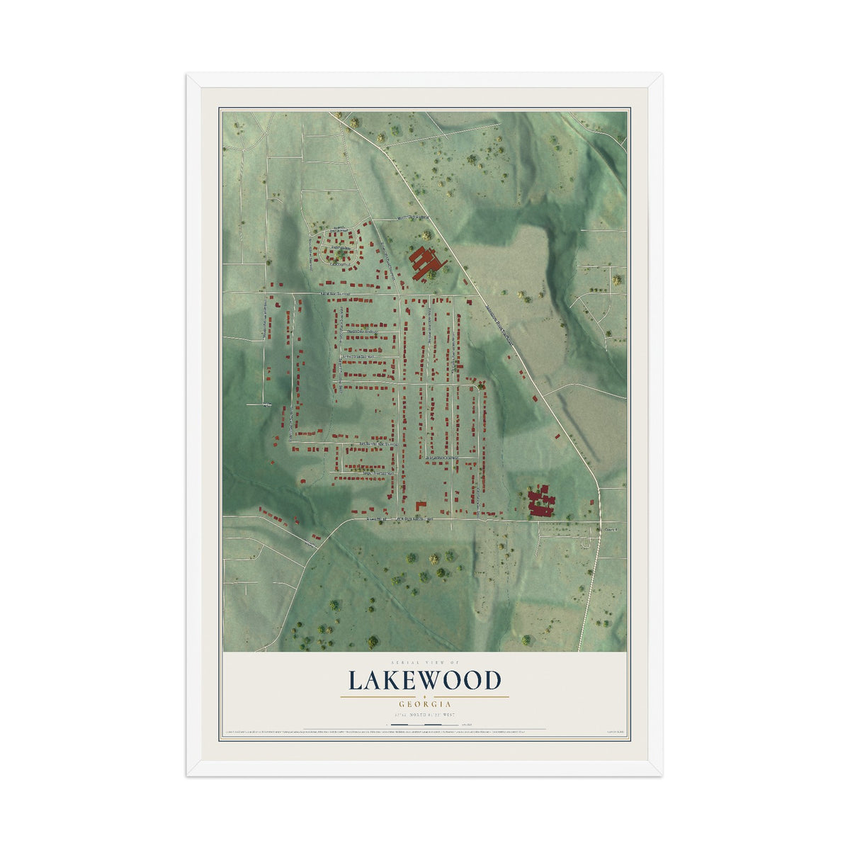 Lakewood, Georgia map print, 12" x 18" W/ White Ayous Wood Frame mockup
