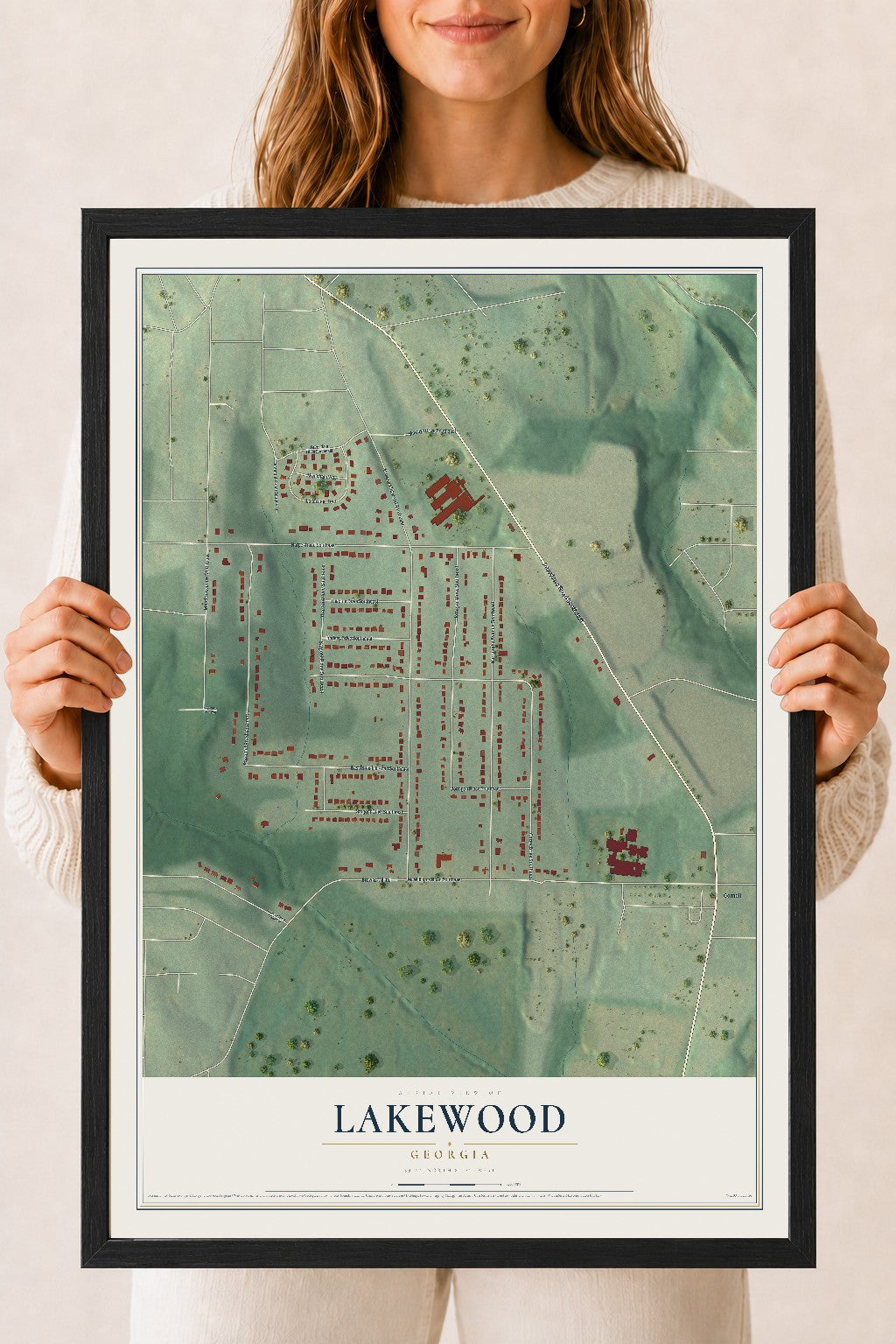 Lakewood, Georgia map print, 18" x 24" W/ Black Ayous Wood Frame mockup