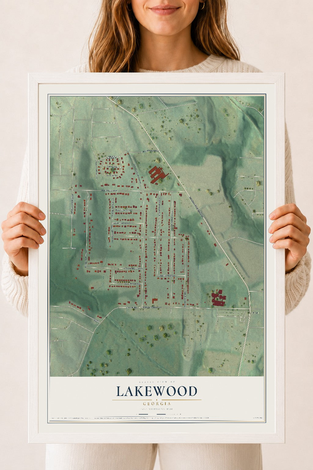 Lakewood, Georgia map print, 18" x 24" W/ White Ayous Wood Frame mockup