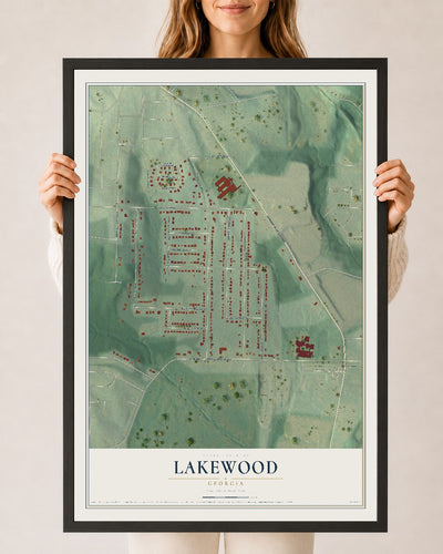 Lakewood, Georgia map print, 24" x 36" W/ Black Ayous Wood Frame mockup