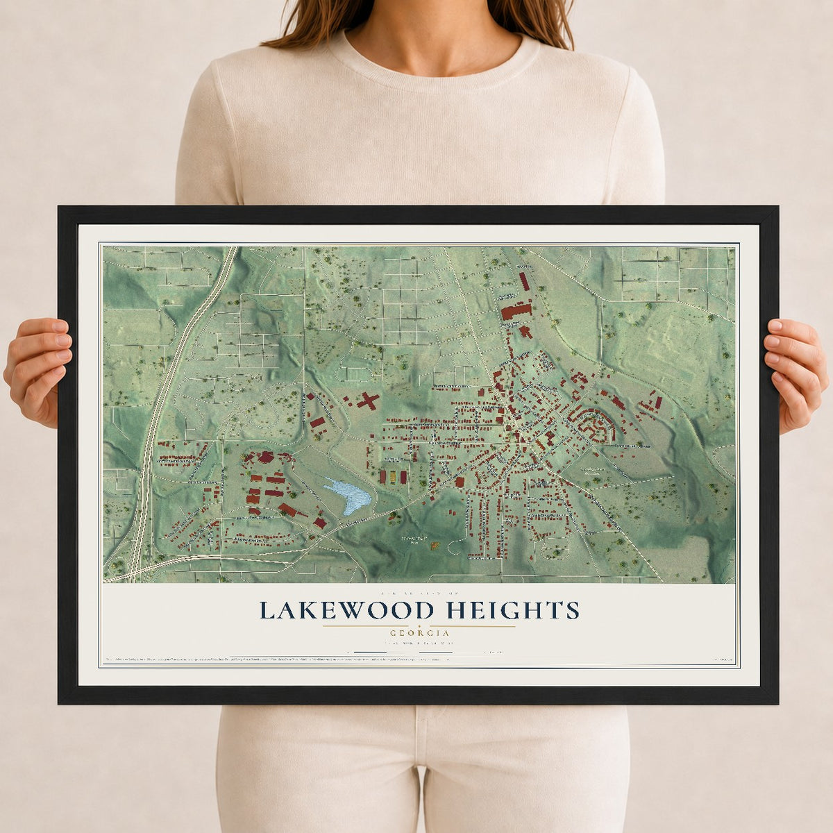 Lakewood Heights, Georgia map print, 12" x 18" W/ Black Ayous Wood Frame mockup