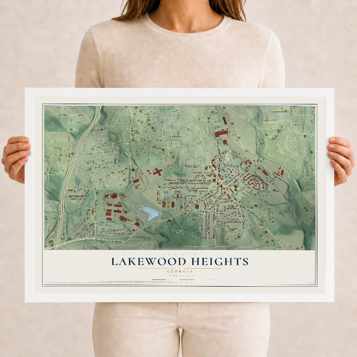Lakewood Heights, Georgia map print, 12" x 18" W/ White Ayous Wood Frame mockup