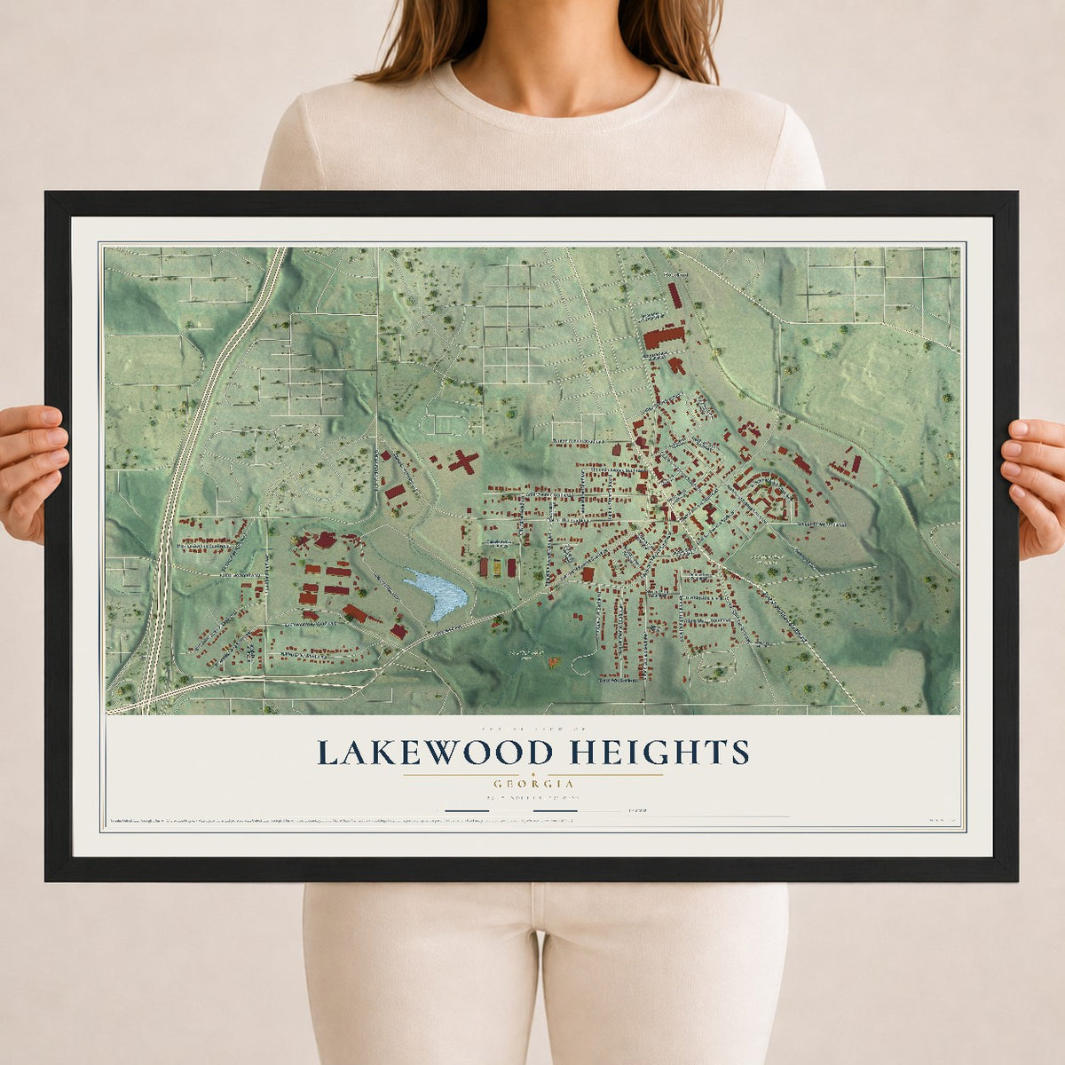 Lakewood Heights, Georgia map print, 18" x 24" W/ Black Ayous Wood Frame mockup