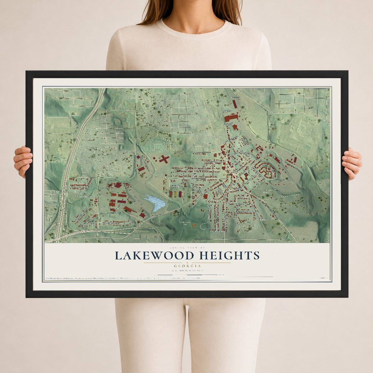 Lakewood Heights, Georgia map print, 24" x 36" W/ Black Ayous Wood Frame mockup