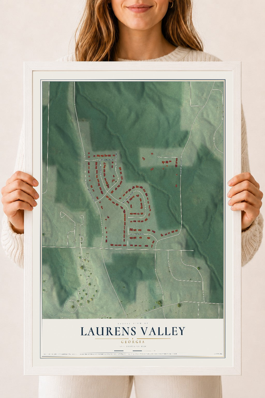Laurens Valley, Georgia map print, 18" x 24" W/ White Ayous Wood Frame mockup