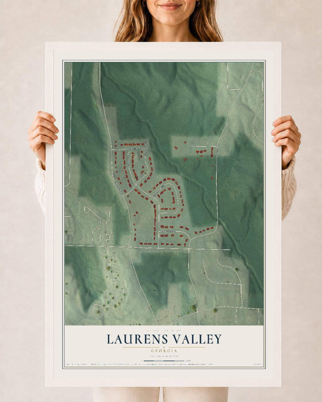 Laurens Valley, Georgia map print, 24" x 36" W/ White Ayous Wood Frame mockup