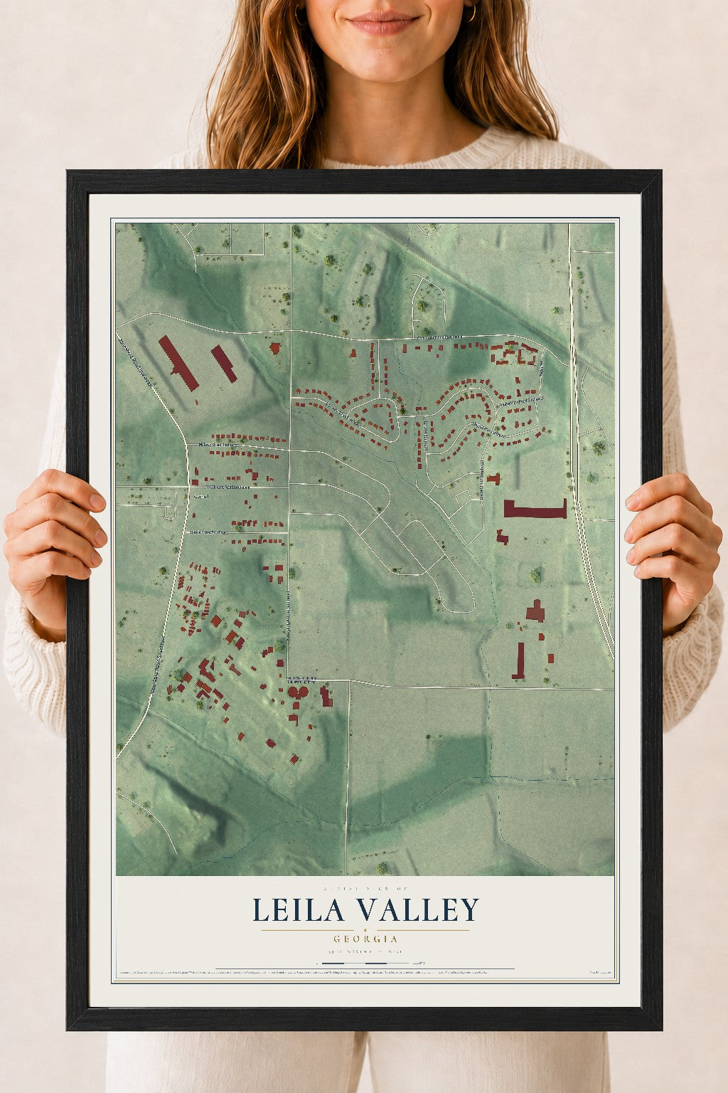 Leila Valley, Georgia map print, 18" x 24" W/ Black Ayous Wood Frame mockup