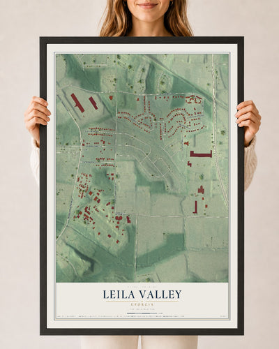Leila Valley, Georgia map print, 24" x 36" W/ Black Ayous Wood Frame mockup