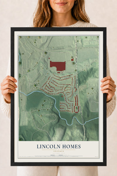 Lincoln Homes, Georgia map print, 18" x 24" W/ Black Ayous Wood Frame mockup
