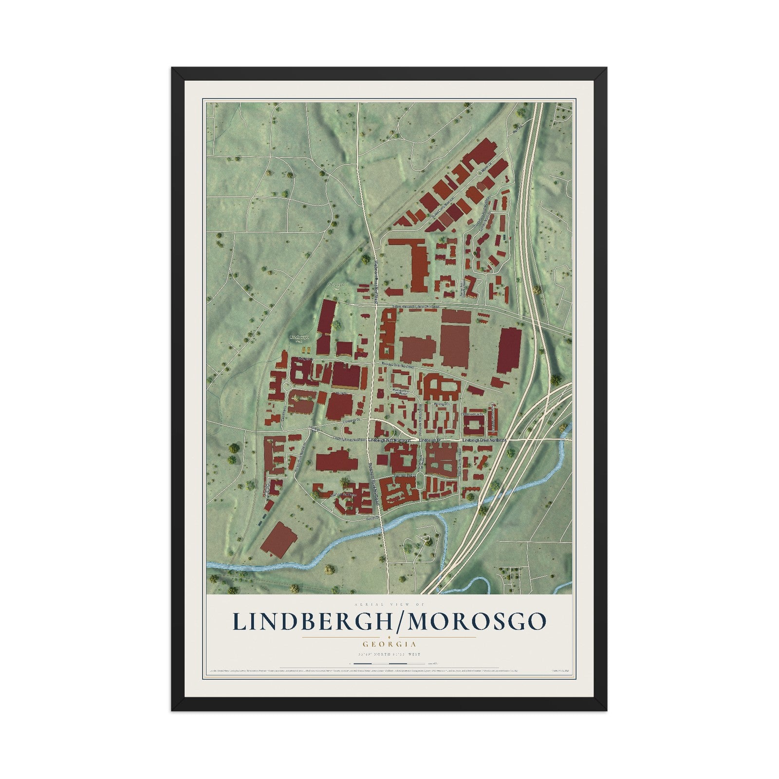 Lindbergh-Morosgo, Georgia map print, 12" x 18" W/ Black Ayous Wood Frame mockup