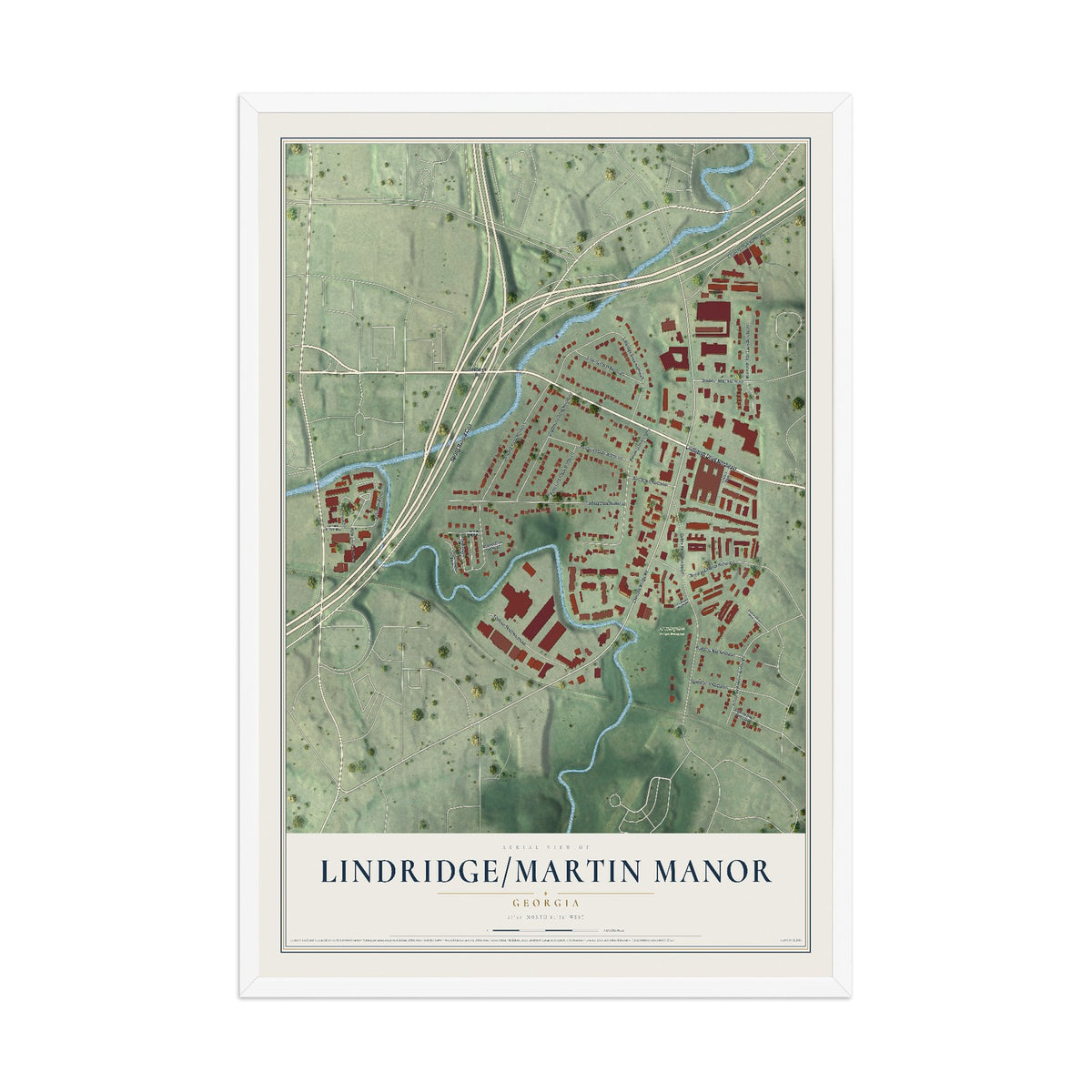 Lindridge-Martin Manor, Georgia map print, 12" x 18" W/ White Ayous Wood Frame mockup