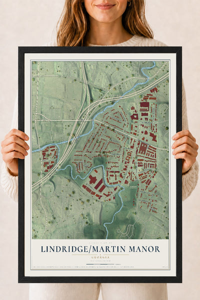 Lindridge-Martin Manor, Georgia map print, 18" x 24" W/ Black Ayous Wood Frame mockup