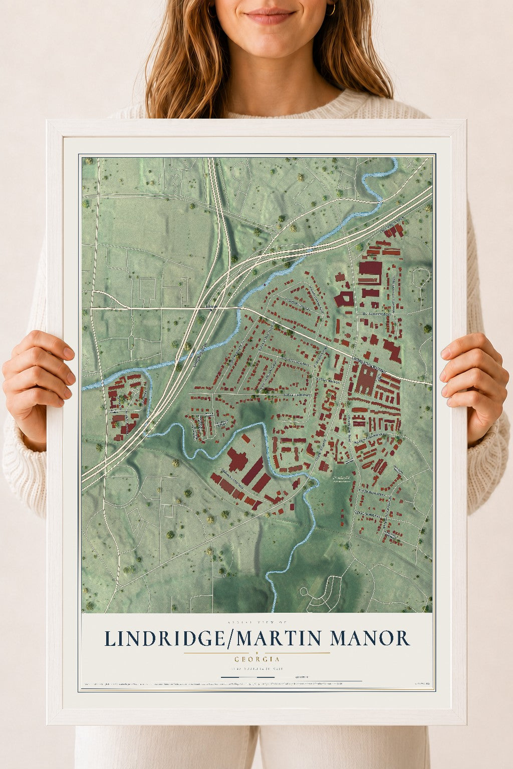 Lindridge-Martin Manor, Georgia map print, 18" x 24" W/ White Ayous Wood Frame mockup