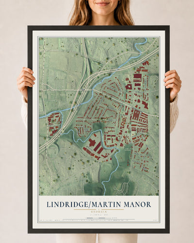 Lindridge-Martin Manor, Georgia map print, 24" x 36" W/ Black Ayous Wood Frame mockup