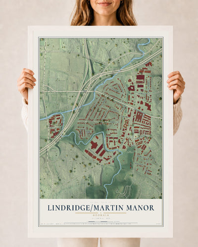 Lindridge-Martin Manor, Georgia map print, 24" x 36" W/ White Ayous Wood Frame mockup